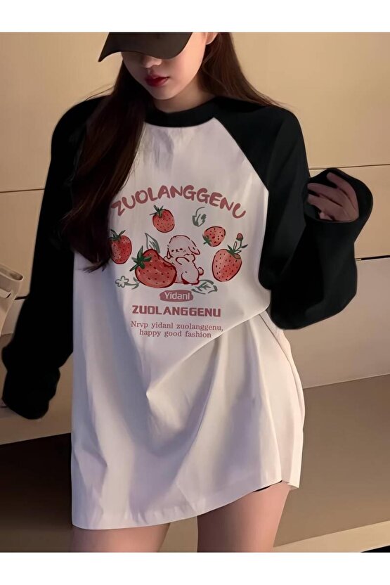 Vintage Reglan Uzun Kollu Strawberry Baskılı Beyaz T-Shirt