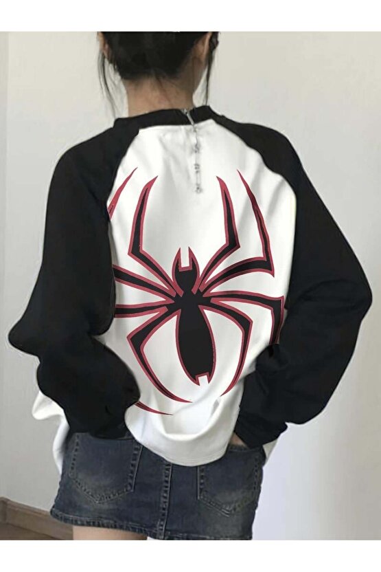 Vintage Reglan Uzun Kollu Spider Baskılı Beyaz T-Shirt