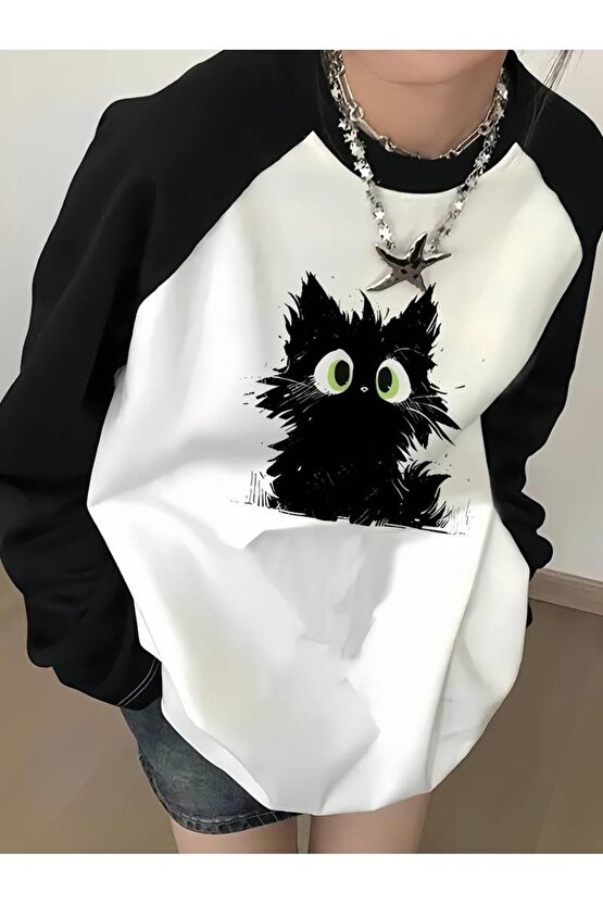 Vintage Reglan Uzun Kollu Black Cat Baskılı Beyaz T-Shirt