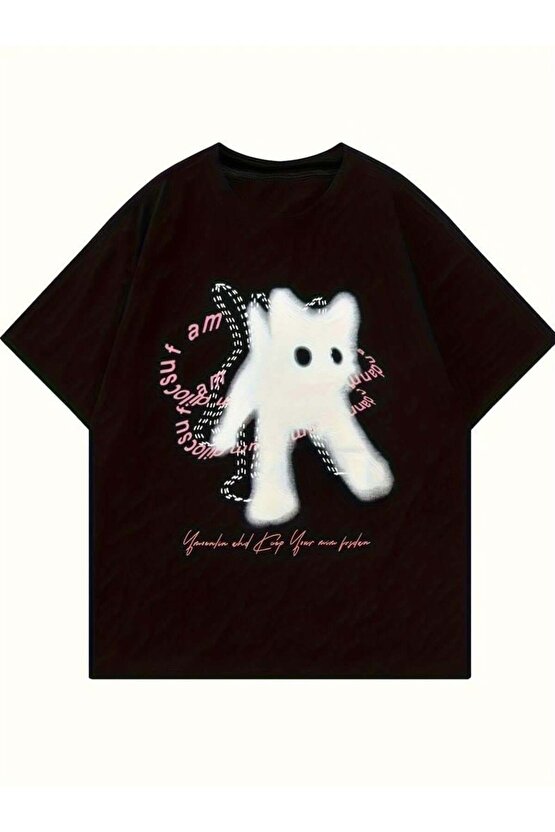 Cute Cat Baskılı Oversize T-shirt