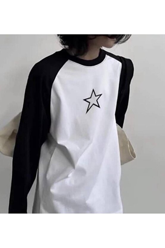 Unisex Star Reglan Uzun Kollu Beyaz T-Shirt