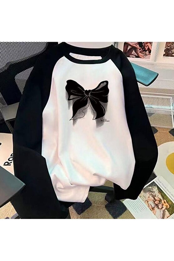 Ribbon Detay Reglan Uzun Kollu Beyaz T-Shirt