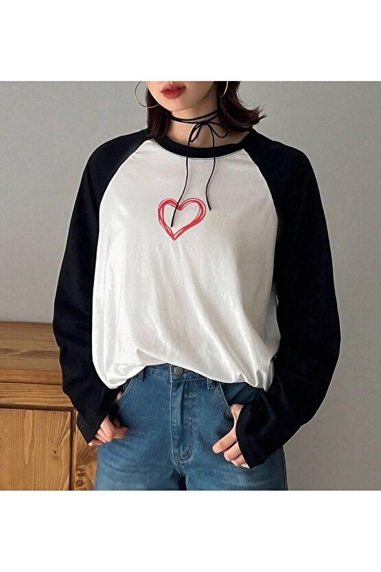 Heart Reglan Uzun Kollu Beyaz T-Shirt