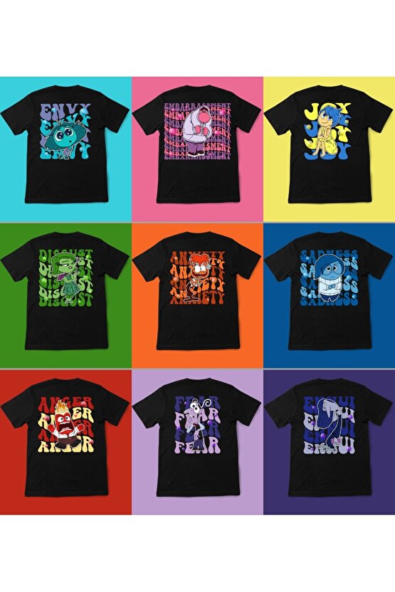 Ters Yüz Karakterler Ön Arka Baskı Siyah Unisex T-shirt