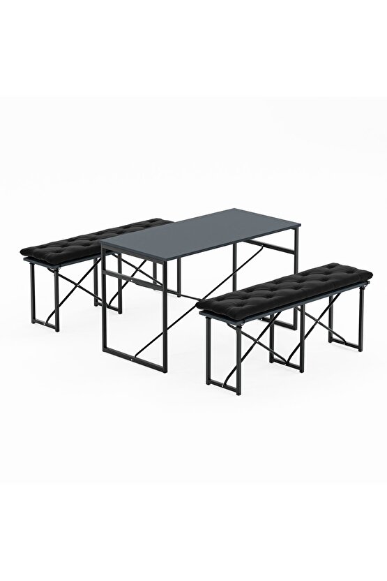 Masa Takımı Minderli Bench Bank Masa Seti 120x60 Masa Mutfak Masası Yemek Masası Füme 1556