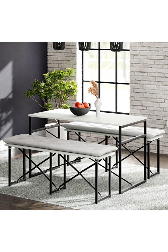 Masa Takımı Minderli Bench Bank Masa Seti 120x60 Masa Mutfak Masası Yemek Masası Beyaz 1555