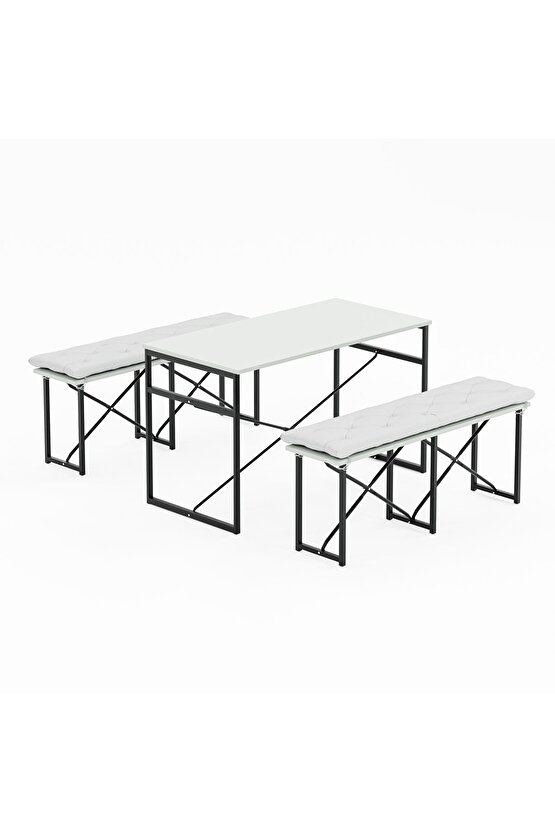 Masa Takımı Minderli Bench Bank Masa Seti 120x60 Masa Mutfak Masası Yemek Masası Beyaz 1555