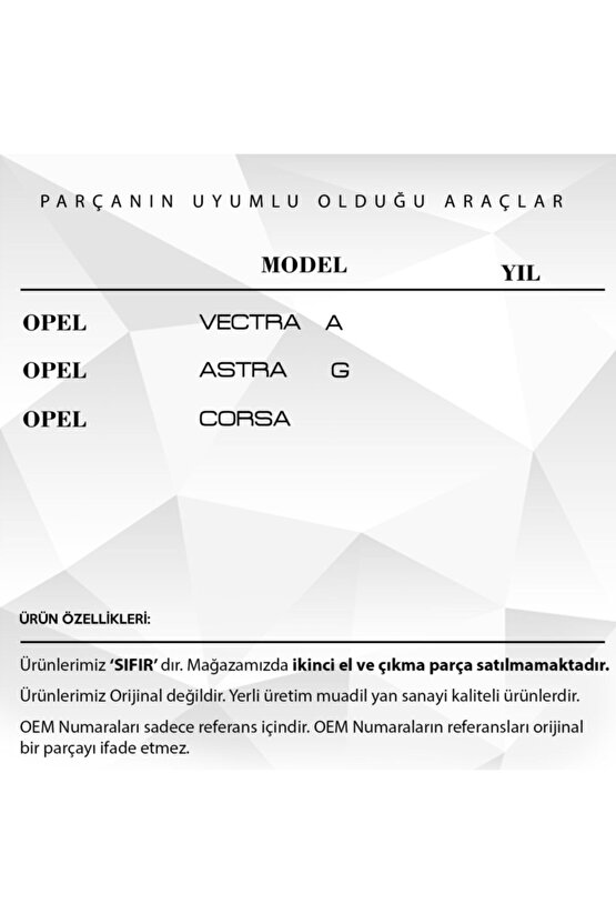 Opel Astra G, Corsa , Vectra A Için Iç Tavan Aydınlatma Lambası