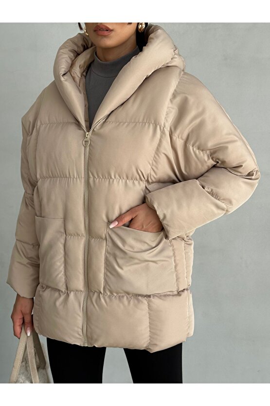 Puffer Yarasa Şişme Bej Oversize Kadın Mont