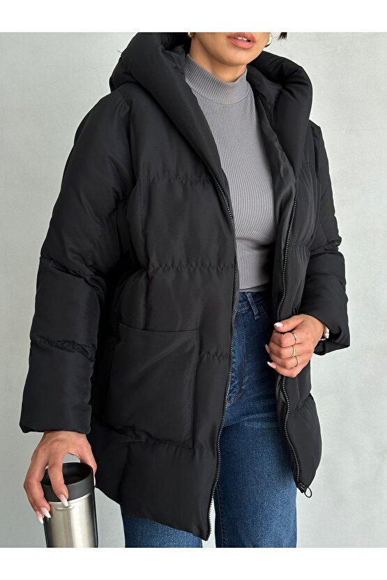 Puffer Yarasa Şişme Siyah Oversize Mont