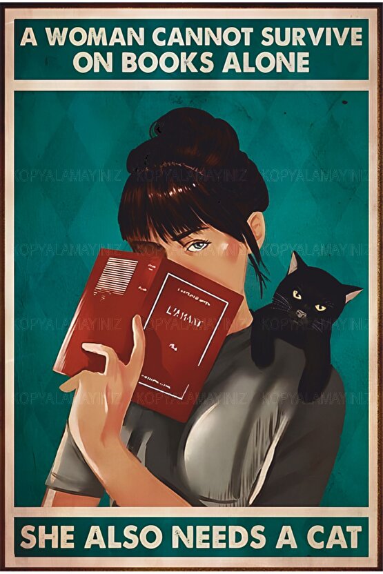 kitap okuyan kadın ve kara kedi ev dekorasyon tablo retro ahşap poster