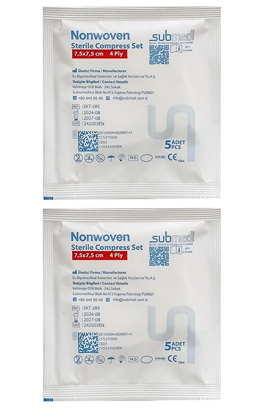 Nonwoven steril gaz kompres, Gazlı bez, 4 katlı 5li paket, 7,5x7,5cm, 100 adet