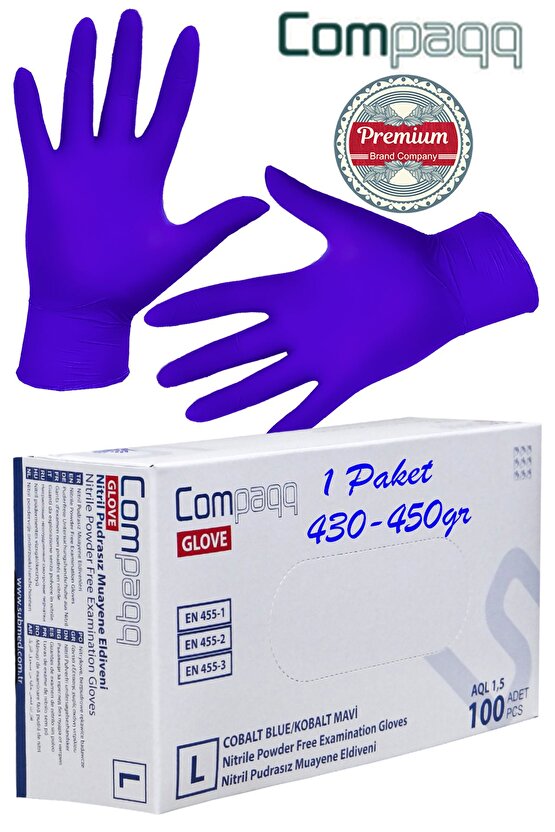 Compaqq, Nitril Eldiven, L, Large 500 Adet, Kobalt Mavi Mor, Gıdaya Uyumlu, 1 Paket 438gr