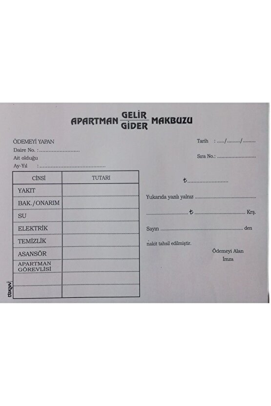 OTOKOPİLİ APARTMAN GELİR- GİDER MAKBUZU (ÖZKAN)