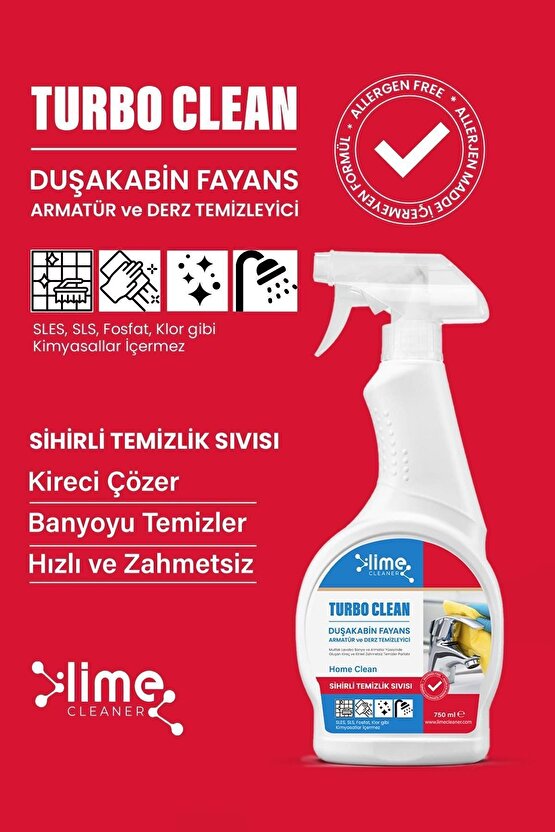  Turbo Clean Ultra Güçlü Banyo Temizleyici ve Kireç Çözücü Sprey 750 ml x 5 Adet - Sihir