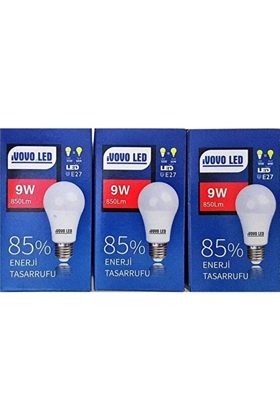 ivovo 9W E27 Duy LED Ampul Beyaz Renk 6500 Kelvin 850 Lümen 3 Adet