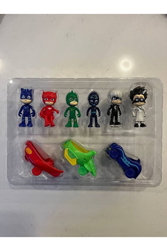 Pijamaskeliler Pjmasks Figür Oyuncak Seti Arabalı 6lı Karakter Seti 9 Parça