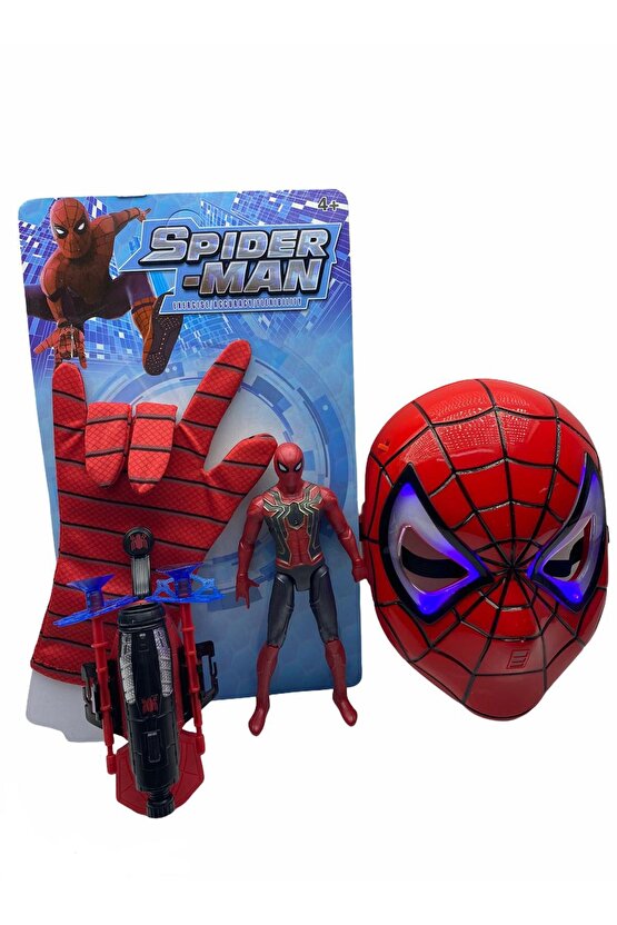 Vantuz Atan Eldiven+ışıklı Maske+18 Cm Işıklı Figür 3 Lü Set Oyuncak Spiderman