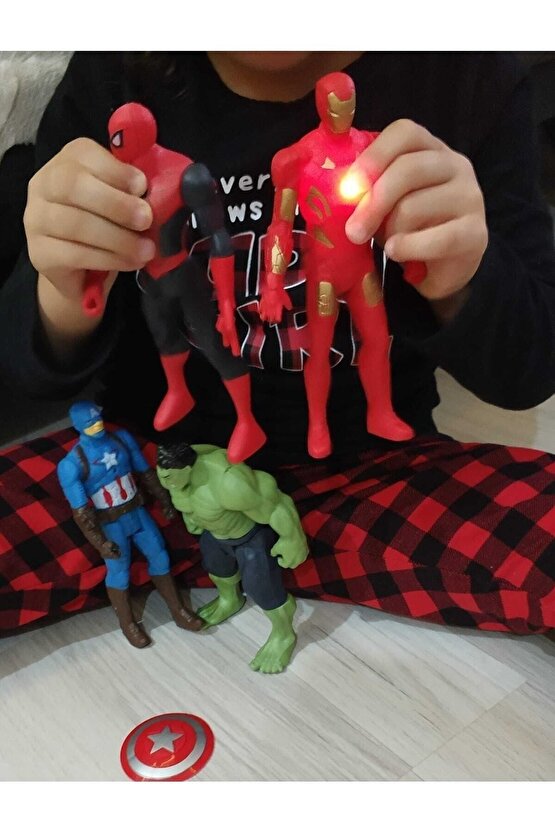 4 Lü Büyük Boy 18 Cm Marvel Avangers Işıklı Figürler Örümcek Adam Kaptan Amerika Hulk Ironman