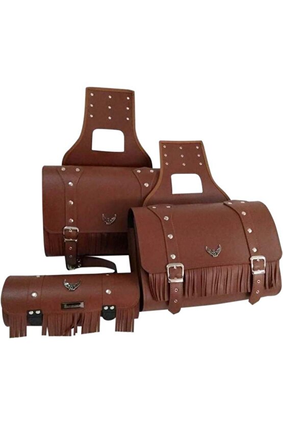 Motosiklet Deri Yan Ve Sosis Çanta 3lü Set Takım Chopper Kahverengi Model Motor Çantası