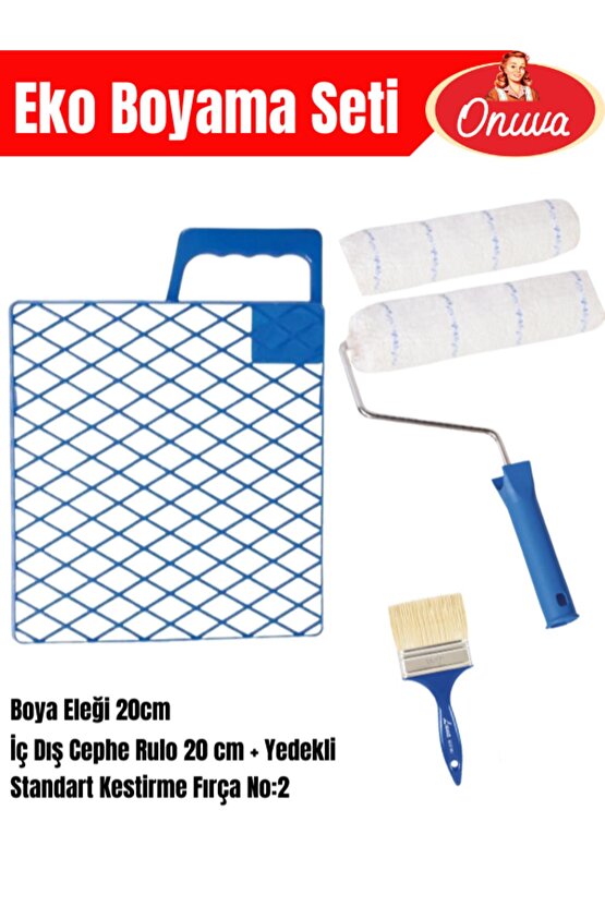 4 parça boyacı seti | Boya Eleği 20cm,İç Dış cephe Rulo 20cm Yedekli,Standart kestirme fırça no:2