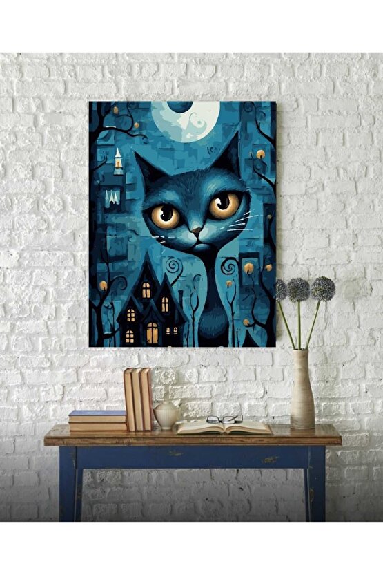 Sayılarla Boyama Kasnaklı Tablo Seti Fırça Boya Dahil 40x50 Blue Cat