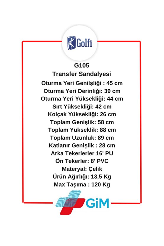 Golfi G105 Transfer Sandalyesi Frenli Tekerlekli Sandalye Hasta Taşıma Sandalyesi