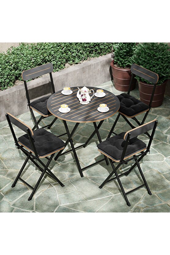 4 Kişilik Minderli Yuvarlak Bistro Takım Bahçe Mutfak Masa Sandalye Füme 1505
