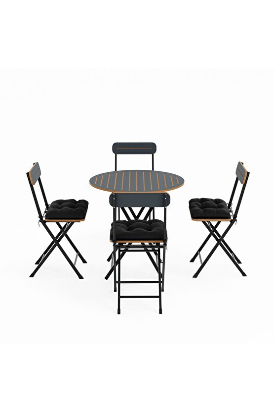4 Kişilik Minderli Yuvarlak Bistro Takım Bahçe Mutfak Masa Sandalye Füme 1505