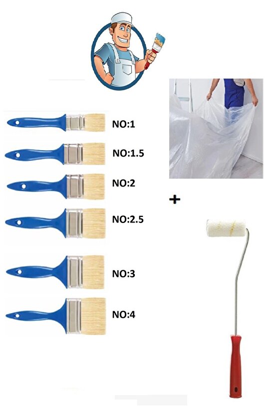 Boyacı Fırça Set 8 Parça - Kestirme Fırça No:1 - 1.5 - 2 - 2.5 - 3 - 4 + Parmak Rulo + Koruyucu Örtü