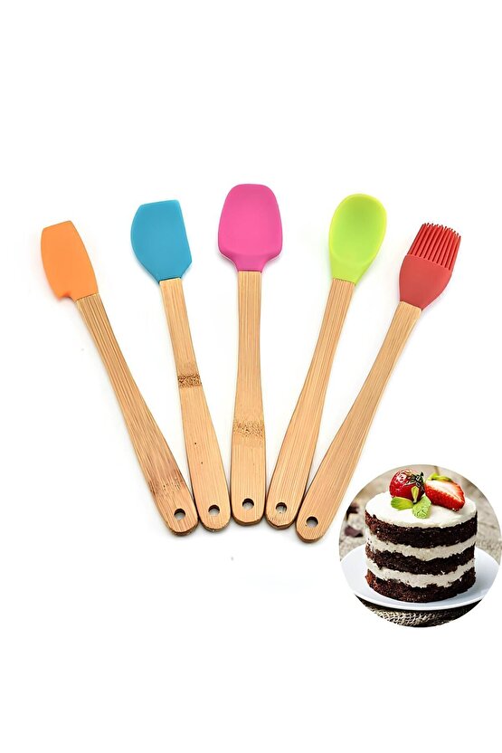 5li Renkli Bambu Saplı Silikon Uçlu Spatula Fırçalı Kaşık Seti