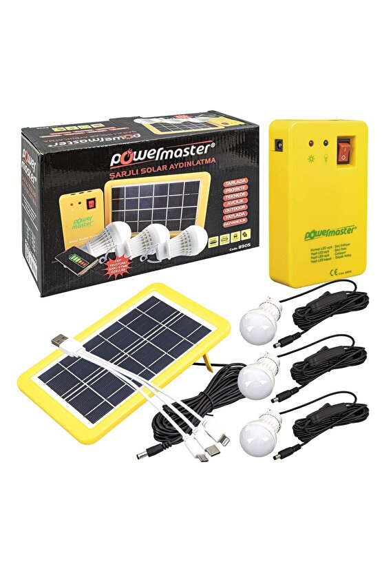 Pm-8905 Güneş Panelli 3 Lambalı Powerbank Özellikli Çok Amaçlı Şarjlı Solar Aydınlatma