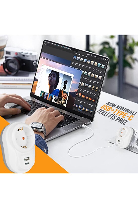 Tekli Akım Korumalı Priz USB + Type C Hızlı Şarj