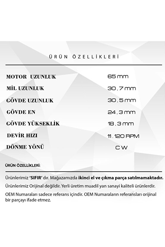 Araba Kapı Kilit Motoru 12v Devir:11120 Rpm Uzunluk: 65mm - 31mm Mil (cw Devir)