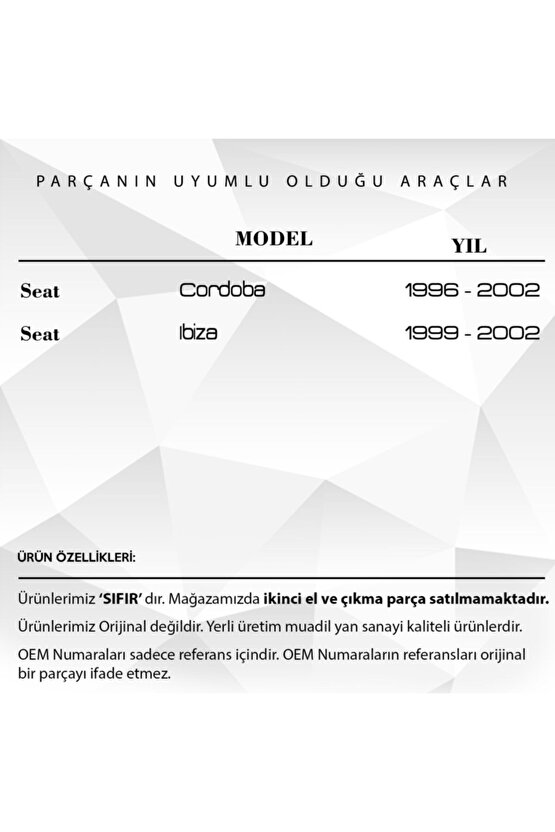 Seat Cordoba Ibiza 1996-2002 Uyumlu Çamurluk Sinyali Lambası 2 Adet