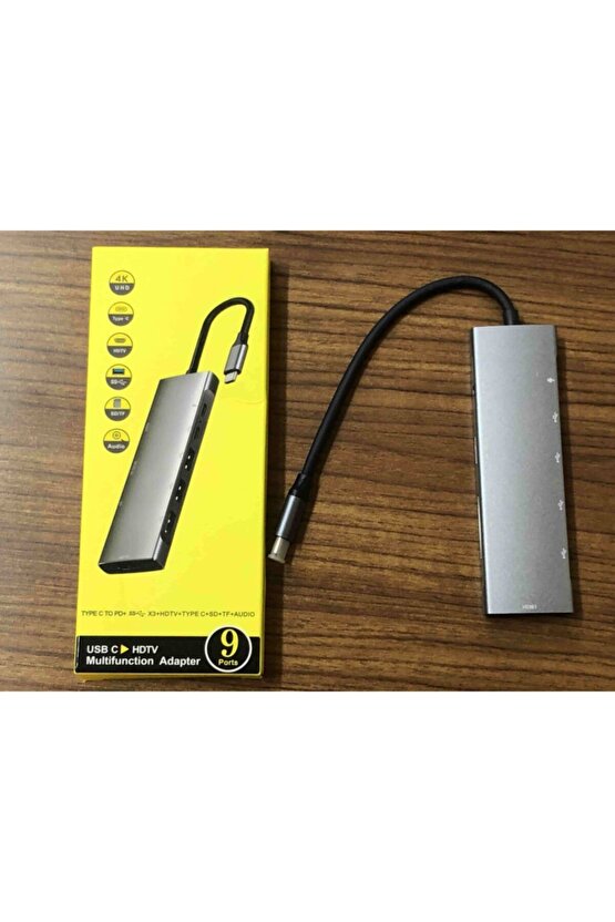 9 Portlu Aleminyum Metal Kasa Sd Usb Type C Audio Hub Hdmı Girişli Macbook Çevirici