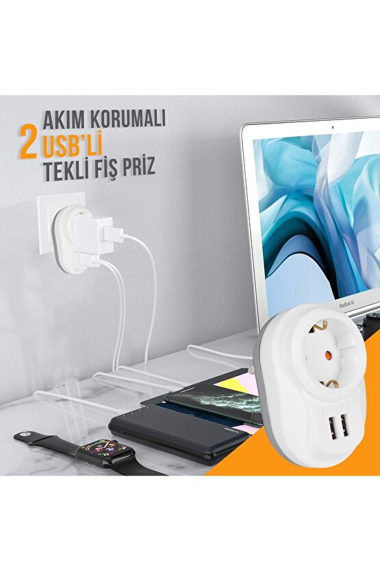 Tekli Akım Korumalı Priz 2li Usb Hızlı Şarj