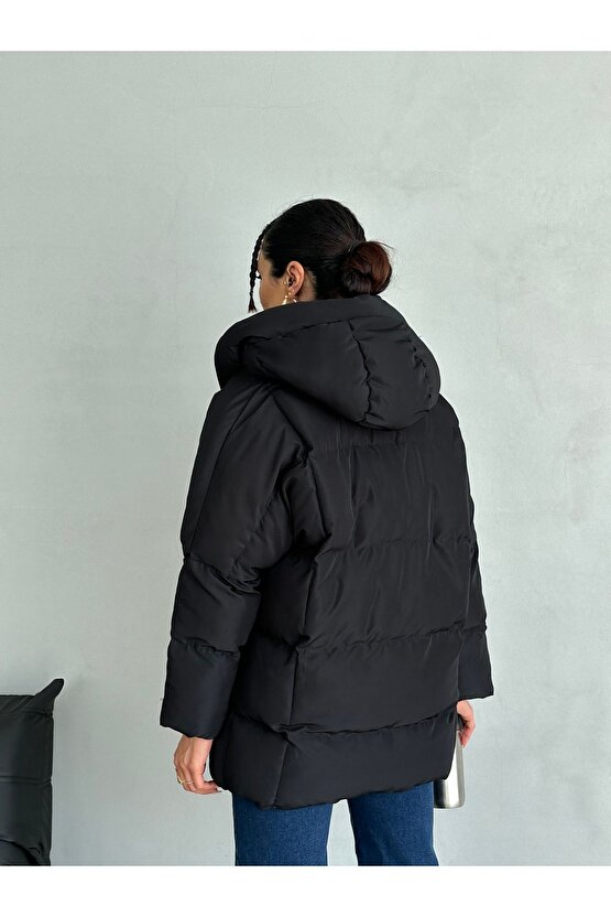 Puffer Yarasa Şişme Siyah Oversize Mont