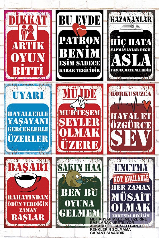 9 Parça Karışık Yazılı Ahşap Tablo Seti sevgili evlilik karı koca sözleri komik duvar yazıları