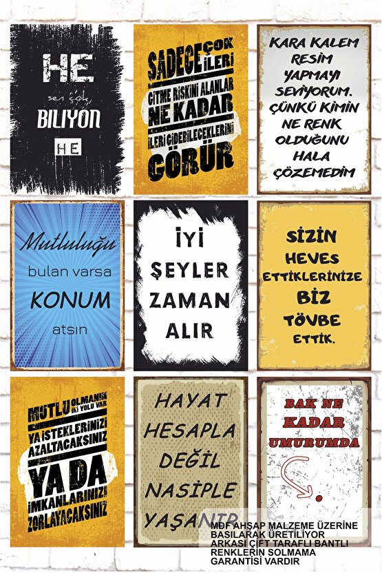 9 Parça Karışık Yazılı Ahşap Tablo Seti anlamlı komik sözler duvar yazıları kamyon arkası sözler