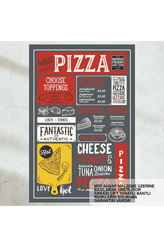 pizza menü ev mutfak kafe dekorasyon tablo nostaljik vintage retro ahşap poster