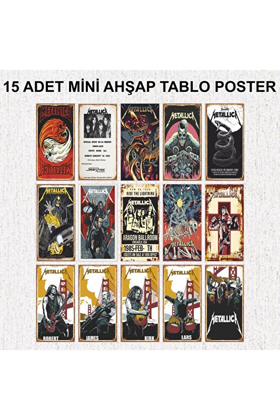 metallica rock metal müzik grubu efsanesi dekorasyon 15 mdf retro ahşap tablo poster seti