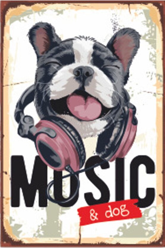 Müzik Dinleyen Köpek Retro Ahşap Poster 20x30 Cm