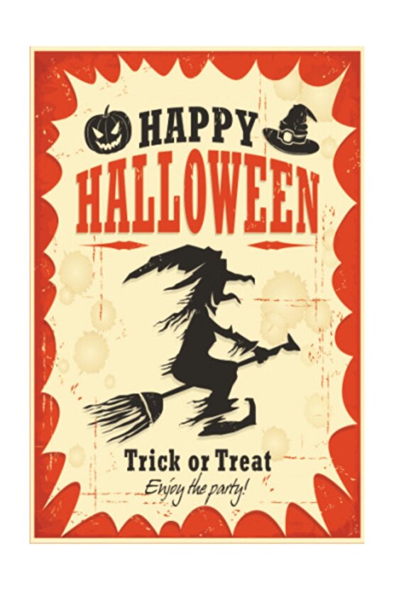 Happy Halloween Mutlu Cadılar Bayramı Retro Vintage Ahşap Poster