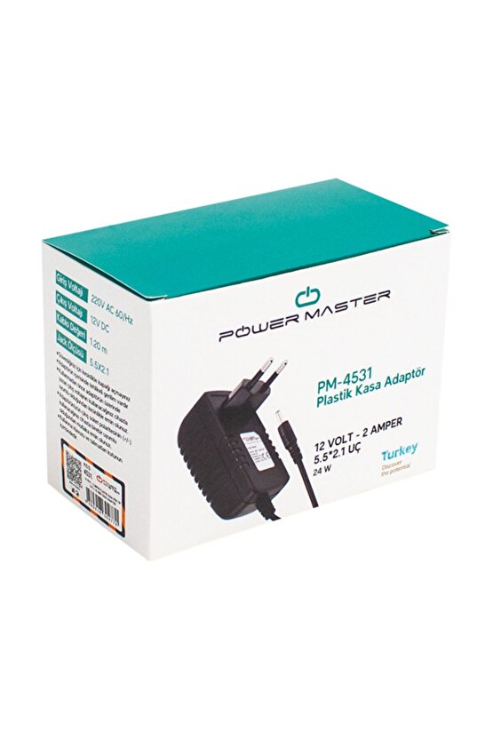 Powermaster Pm-4531 - 12 Volt - 2 Amper Plastik Kasa Priz Tipi Adaptör 5.5*2.5 Uç * Mini Cihaz Adapt