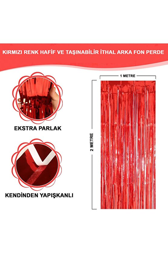 Samur Parti Parti Aksesuar & Kostüm Kırmızı Renk Ekstra Metalize Parlak Saçaklı Arka Fon Perde Ithal