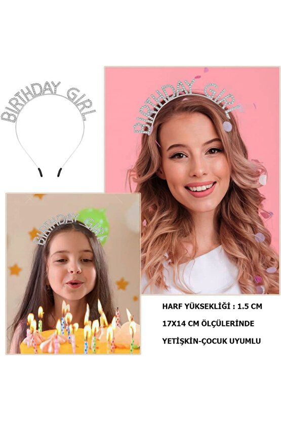 Kristal Taşlı Gümüş Birthday Girl Yazılı Doğum Günü Parti Tacı 1