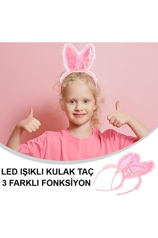 Samur Parti Parti Aksesuar & Kostüm Kenarları Dantelli Pembe Pullu Payetli Led Işıklı Tavşan Kulak T