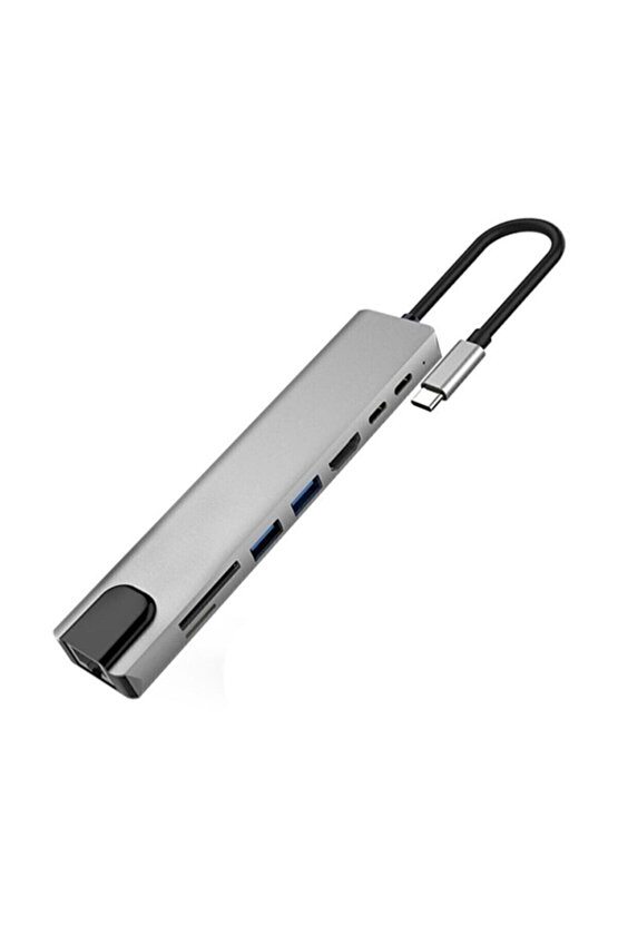 8 In 1 Aleminyum Metal Kasa Type C Den Usb Usb-3 Lan Eternet Hdmı Hdtv Usbc Pd Çevirici