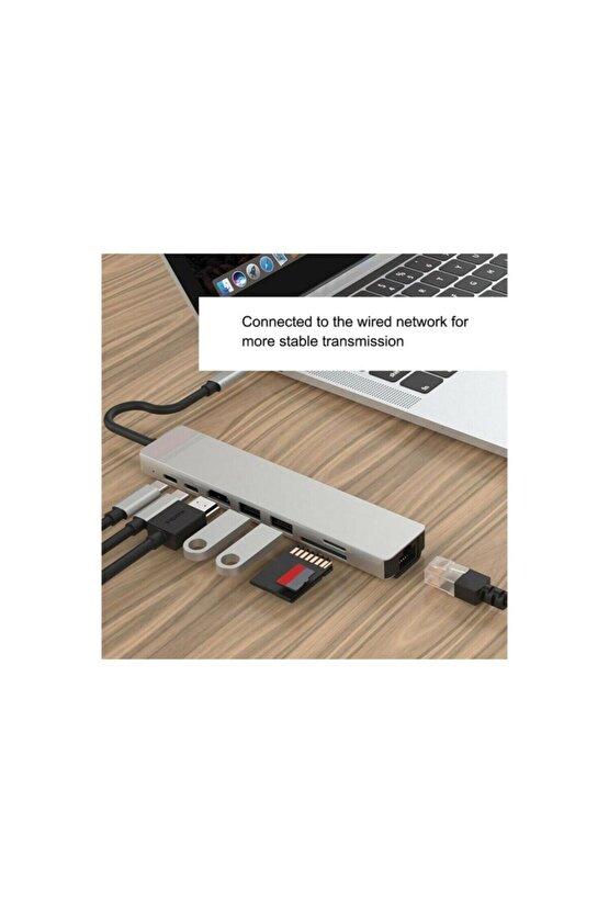 8 In 1 Aleminyum Metal Kasa Type C Den Usb Usb-3 Lan Eternet Hdmı Hdtv Usbc Pd Çevirici